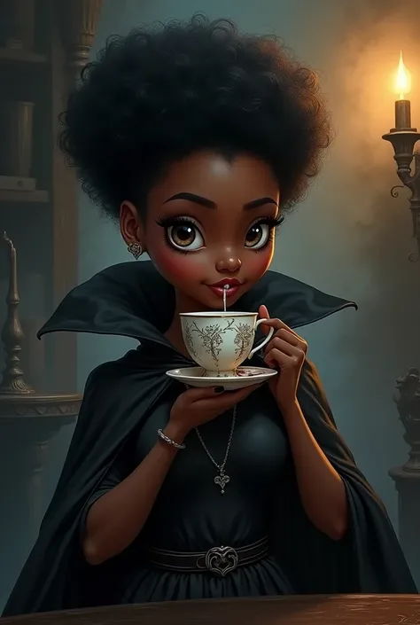 I want a picture of a black girl with short afro hair who is drinking coffee, Hold the cup in your hands by raising your little finger, that the cup is pretty, that she is a vampire with a cape and fangs and that the image is in a horror style, Disney styl...