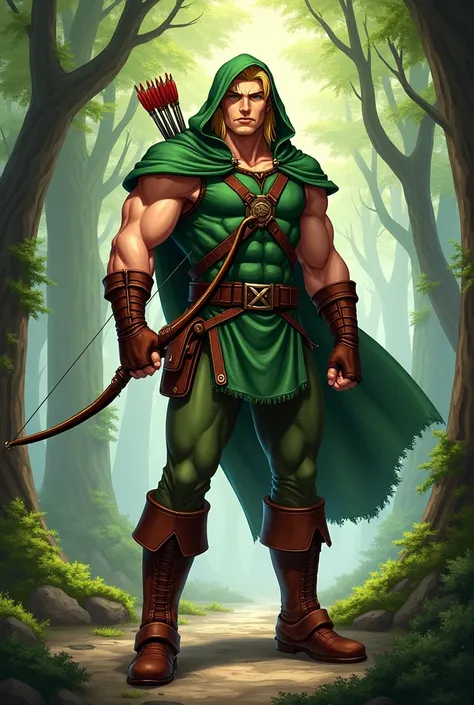 A detailed illustration of a character resembling Terry Bogard from the fighting games Fatal Fury and The King of Fighters, but wearing a Robin Hood-inspired outfit. He is muscular with his iconic blonde hair, now dressed in a green tunic, brown leather bo...