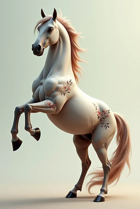 There is a realistic horse that is standing on his back legs , flowly very long tail, decorative details on body, floral and leaves down legs