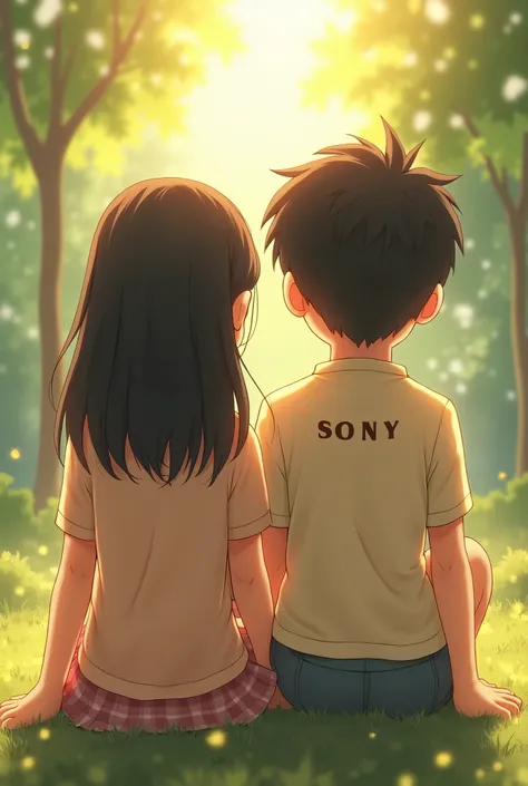 1 Japanese girl and 1 brown boy sitting in sunshine and women name called ora tidokan boy name called sony on their back side