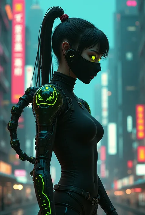 ninja girl, sci-fi, cyberpunk, green spider, mask, pony tail, Spider legs on shoulders