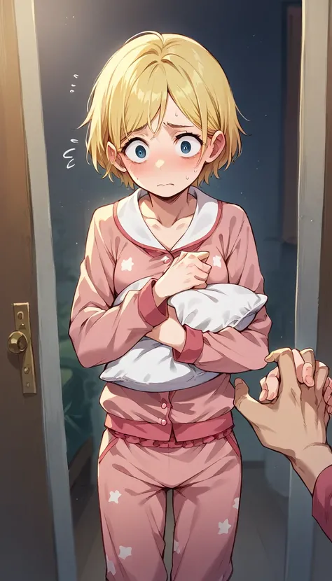 POV  at the bedroom door, small breasts, blonde, blonde, pink pajamas, Moda Joji, standing holding a third in his arms hugging, afraid, Chore, Expression of surprise, Dark night room background,holding pillow in hands 