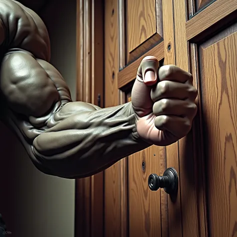 a close up of a mans fist hitting a wooden door with the words ", hand on the doorknob, opening door, human body breaking away, strong arms, muscular arms, bursting with muscles, amazing photorealistic graphics, muscular and terrifying, a door you must nev...