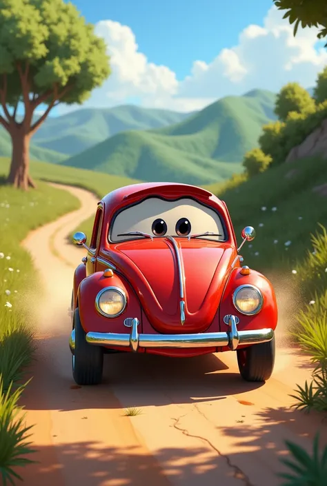 a red Volkswagen Beetle car in Disney Pixar style driving on a dirt road v

