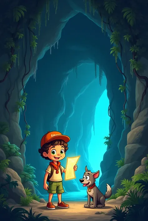 Jadoo and Toto stand at the entrance of a massive, ancient cave. The cave’s mouth is framed by jagged rocks and thick vines that hang like curtains. A faint blue glow emanates from deep within the cave, casting eerie shadows on the stone walls. The jungle ...