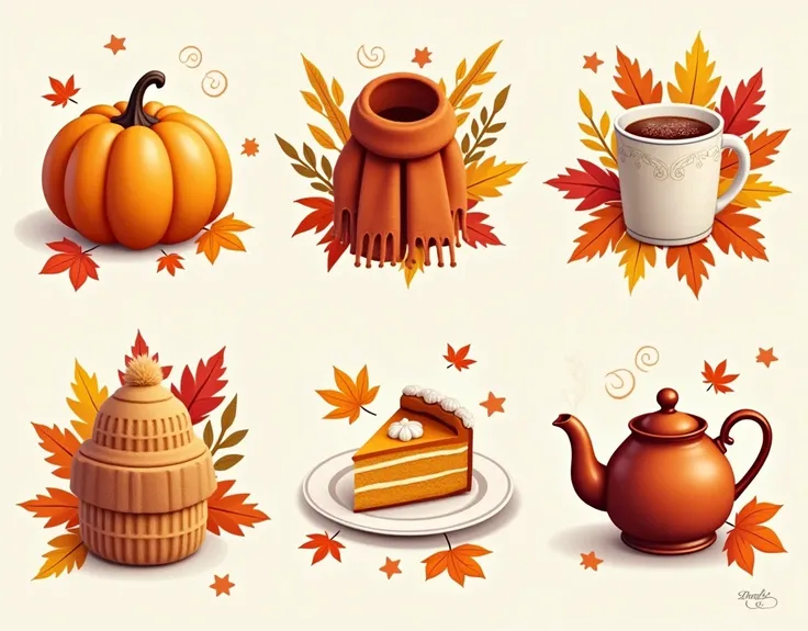 Autumn icons set fall elements vector illustration Pumpkin clothes cacao cake leaves teapot