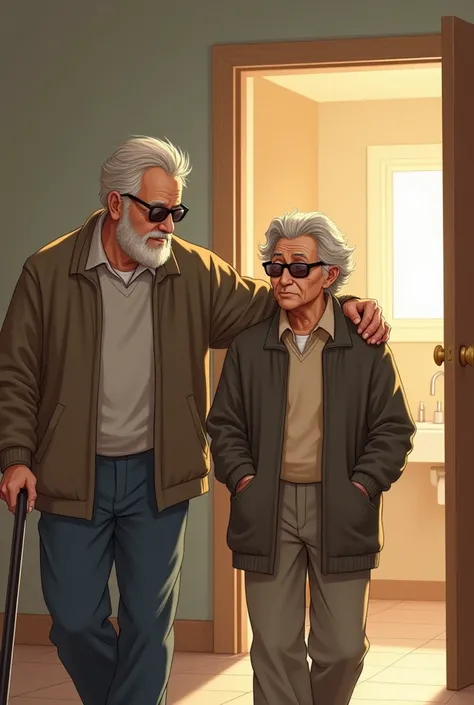 An older man  wearing a sun glasses being led to the washroom by his adult son