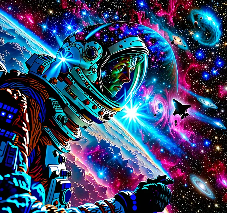 an astronaut floating in space, his helmet visor reflecting a mysterious alien figure or shadow. behind him, a distant spaceship...