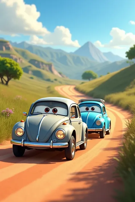 a gray Volkswagen Beetle car in Disney Pixar style with happy expressions driving on a dirt road along with its friend blue Fiat Uno car 

