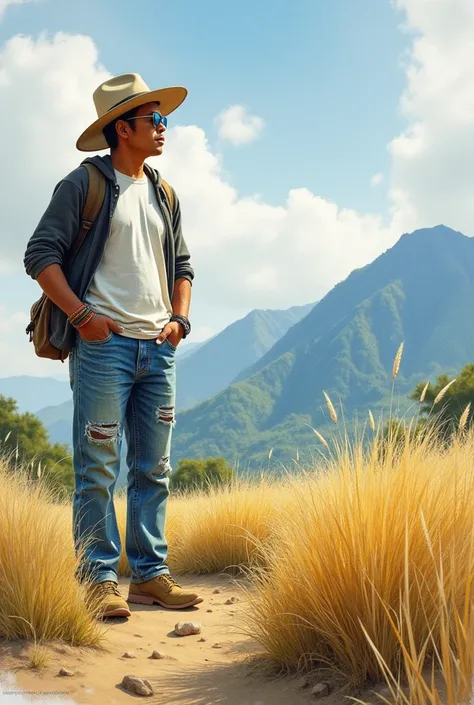 painting, watercolor, pencil art, an Indonesian man, wearing a t-shirt and hoody, slightly torn long jeans, bracelets, cone, bag, standing in an elegant pose, background of alang alang grass blowing in the wind, clear cloudy sky, mountains,