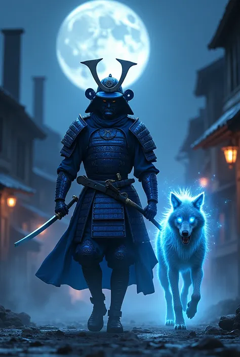 Blue Samurai, ghost, Walking with a wolf in a haunted town, night sky, full moon, realistic, full hd, The best quality