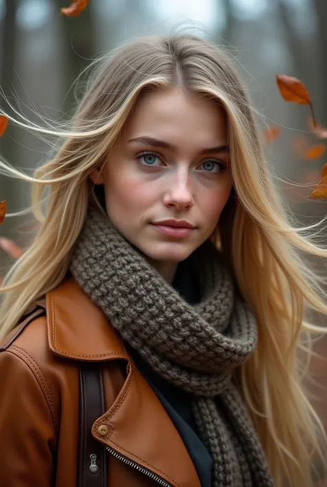 face of a beautiful girl, long blonde hair fluttering in the wind, the wind is strong, wearing a leather jacket, wrapped in a scarf, leaves are falling in the background, background blurred, Autumn tones