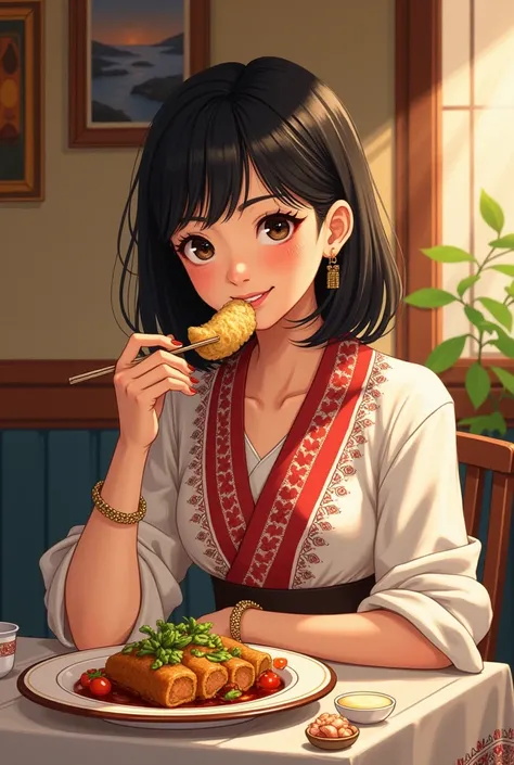 Elma Kobayashi-san eating typical Chilean food