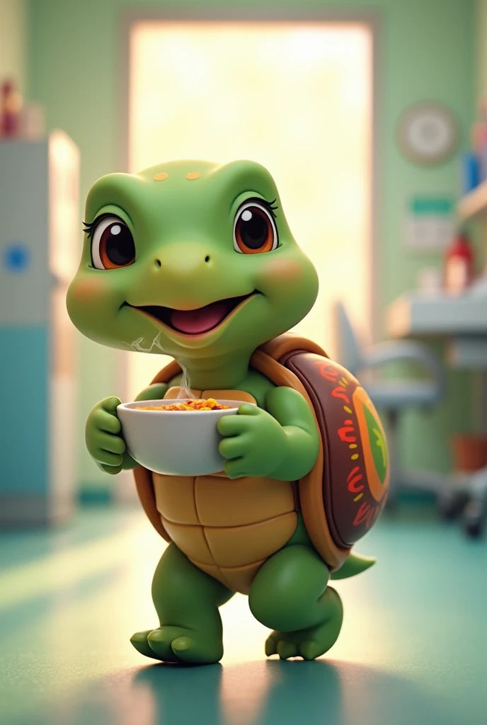 happy cute turtle is walking by having hot soup bowl hospital background