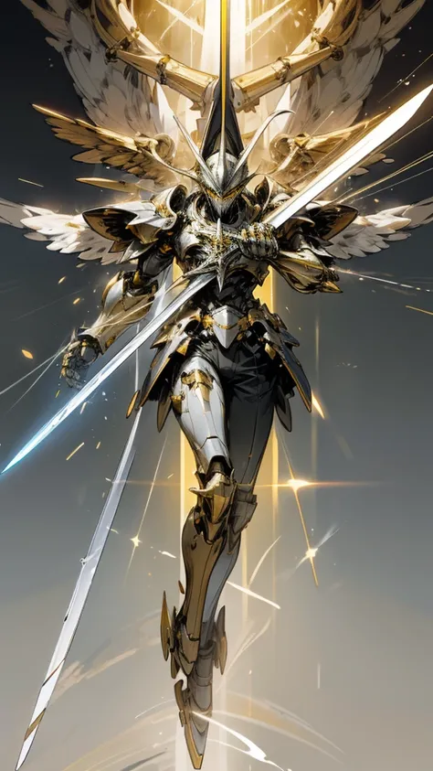 vapor,Wear Lightning,masterpiece, Golden shining wings of light,Full body bombardment,A mechanical knight modeled after a warship,Jet black armor with yellow lines,Shining black sword