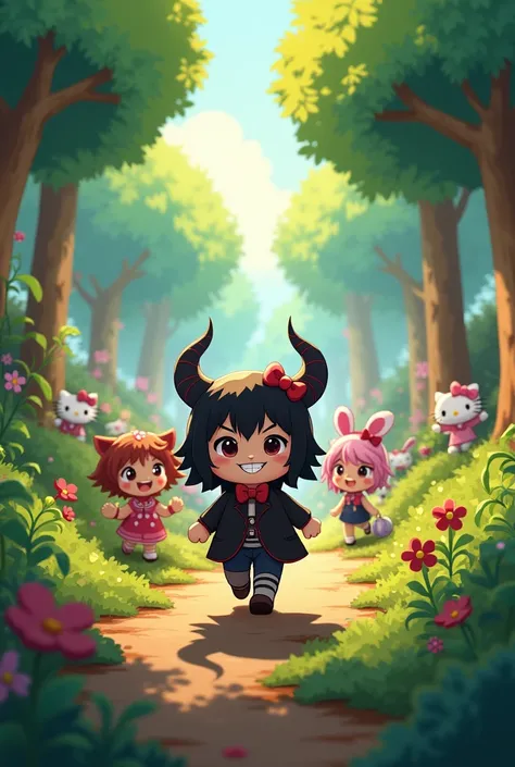 Can you draw me Kuromi from Hello Kitty looking for treasure with her friends in the forest? 