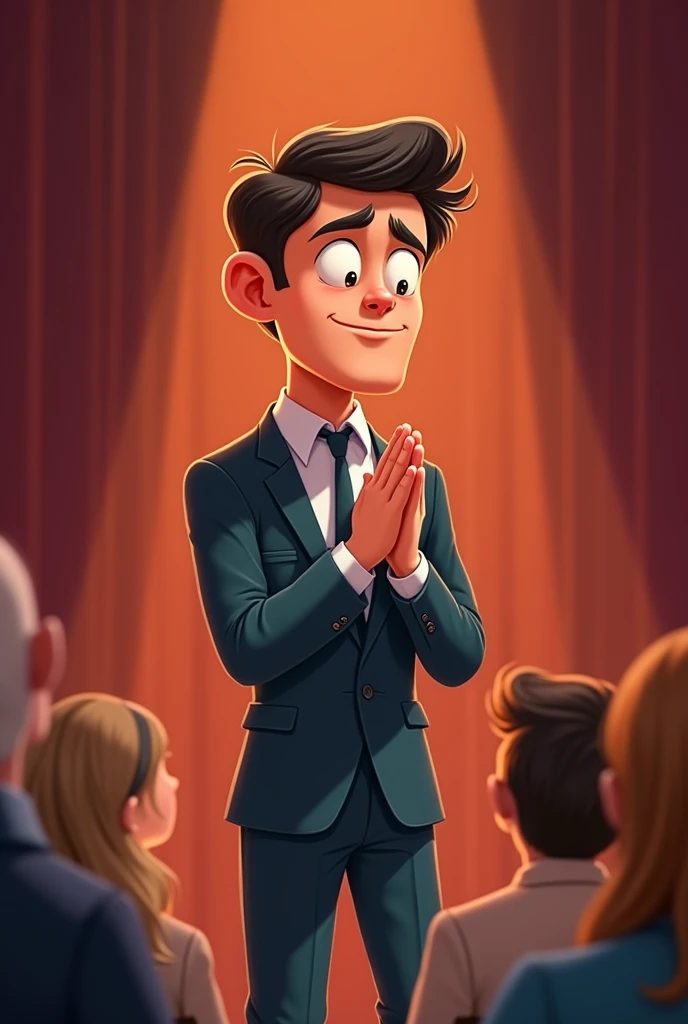 Elegant young man apologizing publicly, a bit cartoonish 
