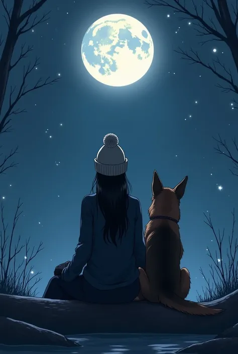 I want a picture of a beautiful woman with long black hair in a dark shirt, gloves and a light-colored hat for the cold sitting on a log with her back to the starry moon, with his Belgian Shepherd dog 