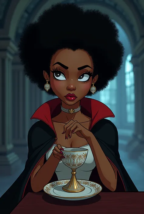 I want a picture of a black brown skinned woman with short afro hair who is drinking coffee, Hold the cup in your hands by raising your little finger, that the cup is pretty, that she is a vampire with a cape and fangs and that the image is in a horror sty...