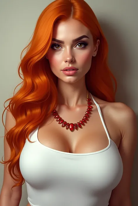 A full-bodied adult white Lebanese woman, orange hair 100% smooth, thick black eyebrow, very light brown eyes, in a white tank top, wearing a red jewel necklace between her breasts.