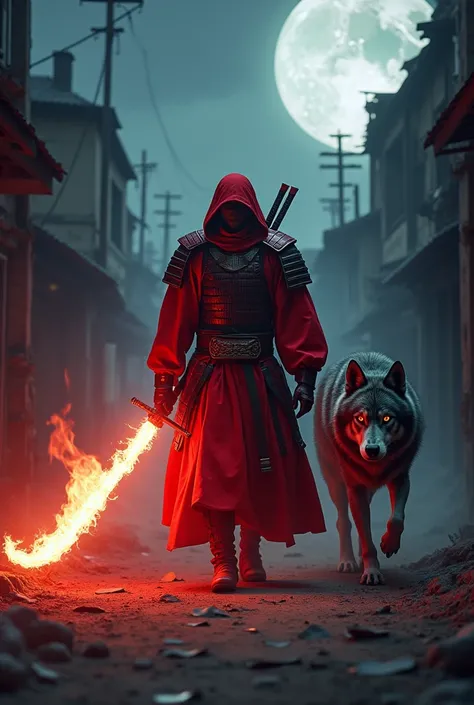 Red samurai accompanied by a wolf walking through a ghost town at night full HD realistic with his fire sword