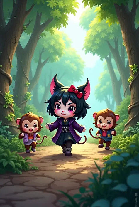 Can you draw me Kuromi from Hello Kitty looking for treasure with her friends in the forest in the non-human animated monkey version? 