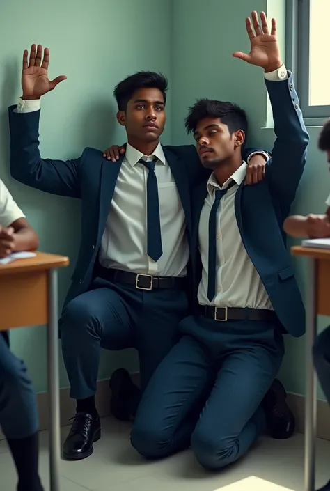 Side view of two young Sri Lankan males wearing white long sleeve and blue trousers dark black coat black color square buckle belt and dark blue tie black shoes socks kneeling in the corner of the class room against the wall with their hands stretching str...