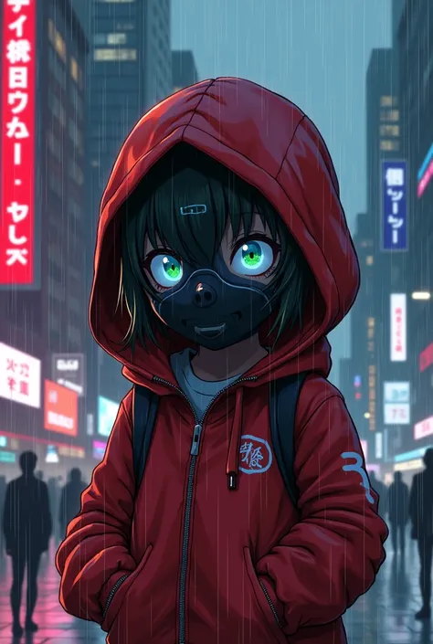 Umaru-chan, red jacket, rain, green and blue eyes, cyberpunk, mask