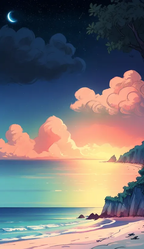 "Anime nature wallpaper of a serene beach at twilight with gentle waves and a sky transitioning from orange to deep blue. warm colors, and stars twinkling in the sky, creating a peaceful and reflective atmosphere."