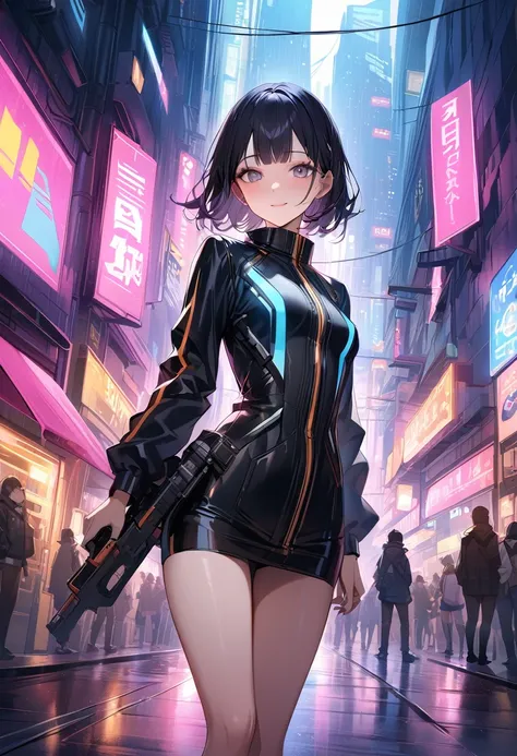 ((masterpiece,best quality anime:1.3,Best Quality)),realistic,cowboy shot,portrait,1woman,(young adult),one curl bob hair,blunt bangs,black hair,((very small head:1.3)),gray eyes,gorgeous eyes,smile、small breasts,((very long body:1.3)),(Cyberpunk Fashion),...