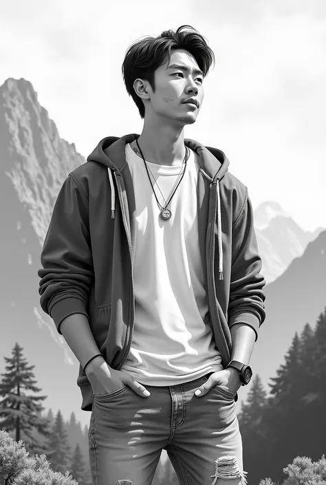 Pencil art, painting, A handsome Korean man, T-shirt and hoodie, jeans slightly torn, tattoo on hand, succeeded, necklace, standing with a thin smile, beautiful mountain background clear cloudy sky, eyebrow pencil art