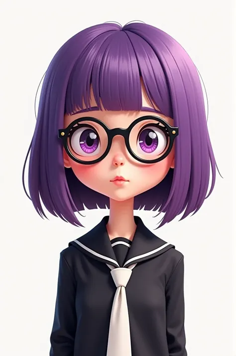 A girl with glasses straight purple hair wearing black clothes and white tie in cartoon