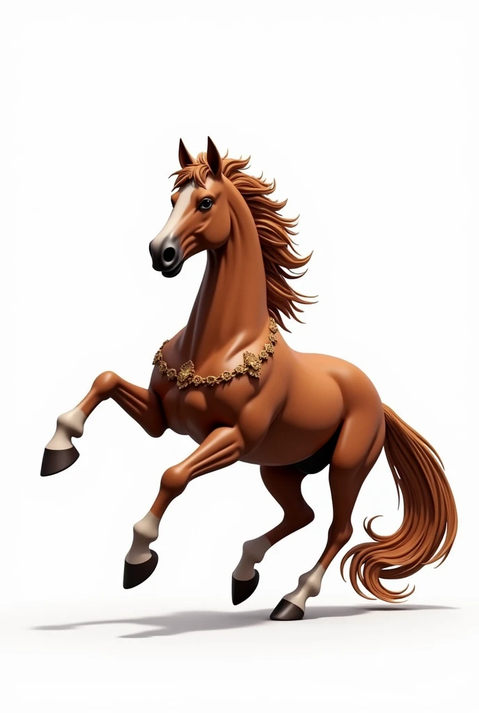 There is a realistic brown horse standing on back legs , so flowly very long tail, decorative details on body, white background