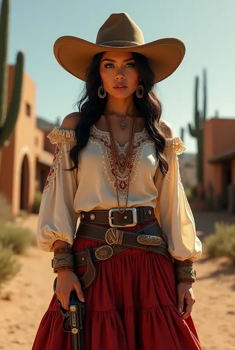 Mexican gunfighter woman from the Wild West well dressed