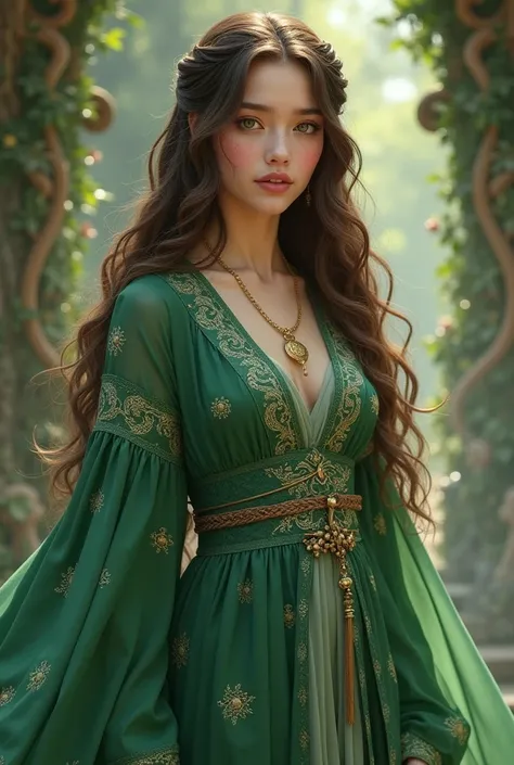 Young, female, long wavy hair, brown hair, thick hair, green eyes, freckles, golden skin, princess, medieval clothing, fantasy, closed clothing, green clothing, traditional Asian clothing, robe
