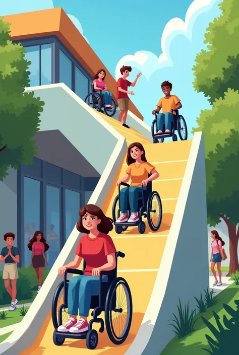 College students climbing ramps in wheelchairs cartoon 