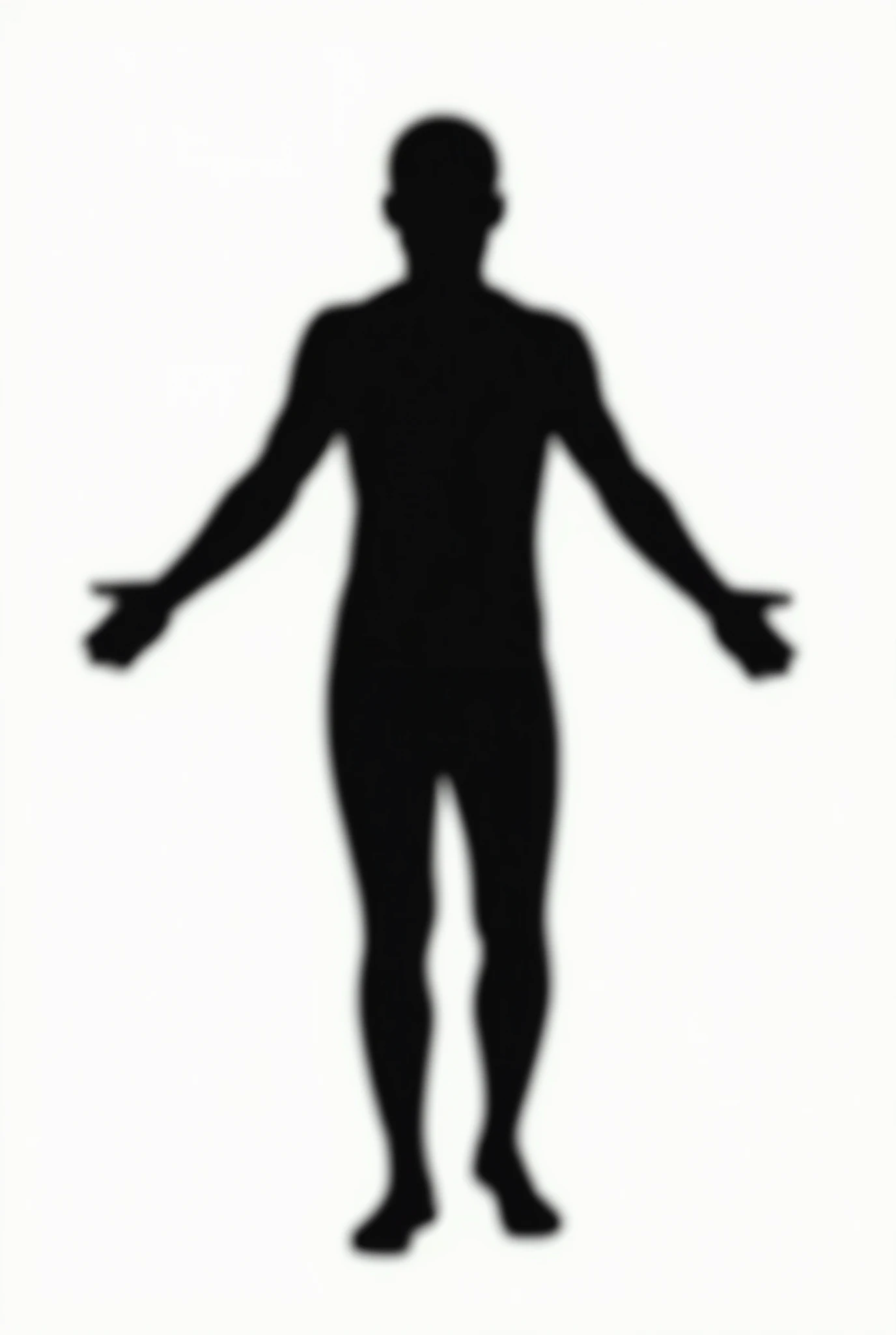 Illustrate the silhouette of an upright human being, standing with arms extended to the sides and legs together. The figure should be clear and defined, without background, emphasizing the shape and posture of the human body. Ensure that the silhouette is ...