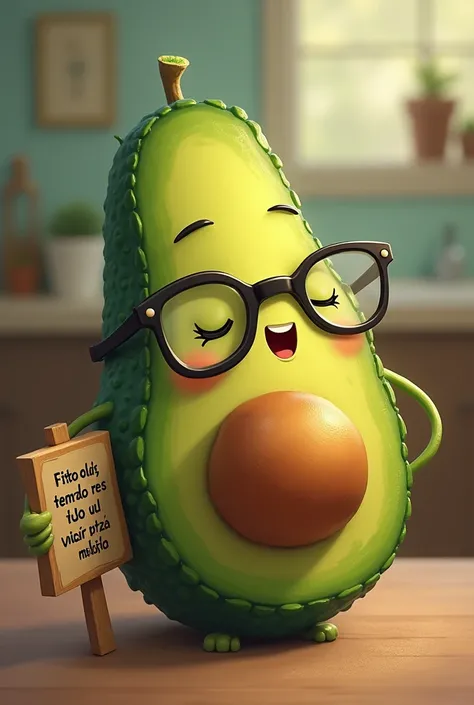 A Hass avocado with glasses smiling very contentedly. There is a sign next to the avocado that says "Mi dicha y mi Dolor a nadie se lo digo, poreso nadie sabe cuando estoy gozando cuando estoy herido". The background is blurred and contains a few objects