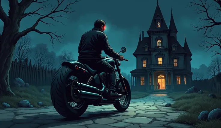 **man is sit quickly his heavy bike man looking to mansion red eyes old women in window**horror darkness night mansion side** cartoon 