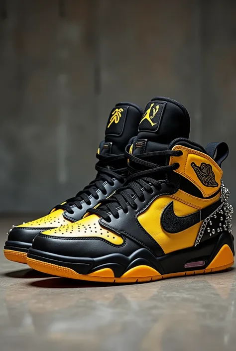 I need you to create some 90s Nike Jordan sneakers inspired by Break Dance and hip-hop culture with booties that have glue and thick black studs that the sneaker has a black base that has a print as if it were a banana and that has chains as accessories, m...