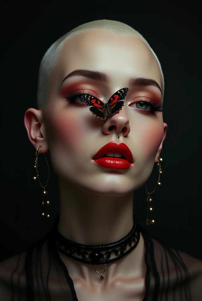 1 woman , 30 years , portrait, plump lips , red lips , bald , choker on the neck, makeup , a butterfly sits on the nose , background black, Abstract expressionism, Filling an image, Realistic anatomy, Best quality, in detail, High detail, quality, Very det...