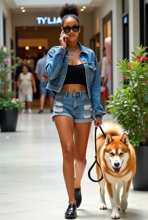 Rihanna walking and talking on her cell phone, wearing sunglasses in a shopping mall, a mini denim jacket and a black top underneath, ripped mini denim shorts, smiling and walking with an orange Siberian husky dog, plants, flowers and clothing stores