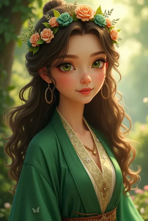 Young, female, long wavy hair, brown hair, thick hair, green eyes, freckles, golden skin, princess, medieval clothing, fantasy, closed clothing, green clothing, traditional Asian clothing, robe, flowers crown
