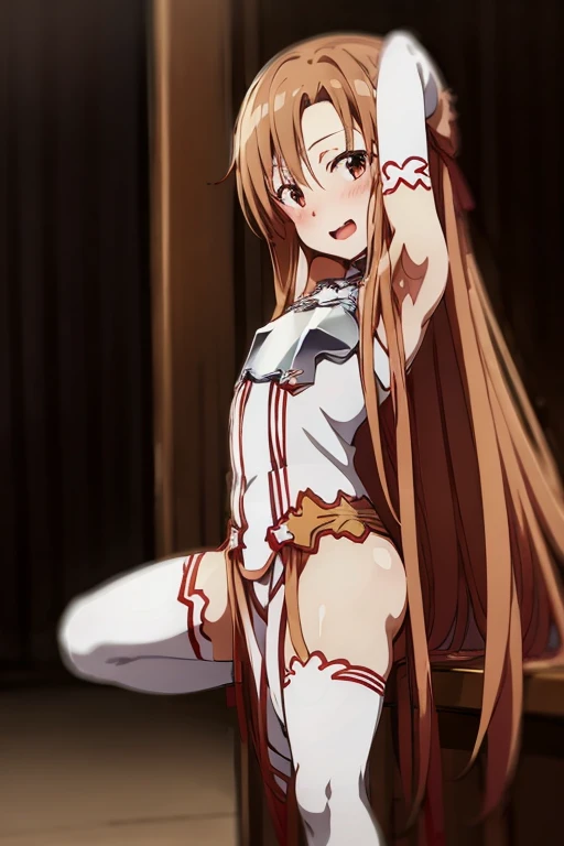 ((Best Quality)), ((masterpiece)), (be familiar with), Perfect Face, indoor, bedroom, Watching the audience,
One woman, Yuuki Asuna,
Open Mouth, Ecstatic expression, blush, smile,
Small breasts, Flat Chest, , , child, Girl,
Long Hair, Long Hair,
Leg spread...