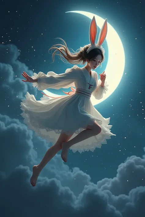 　Japanese beautiful  underworld bunny maid girl、
unning on a moonlit night and flying in the sky