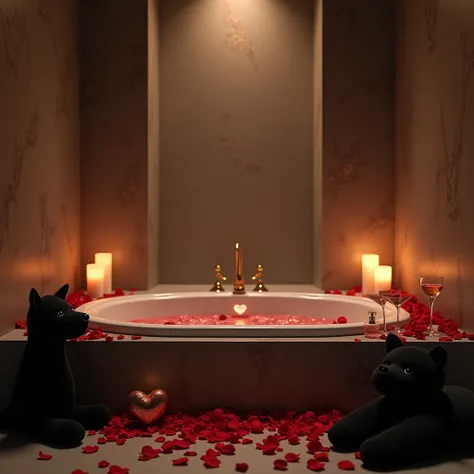 luxurious bathroom, with candles, Red rose petals, dim and pretty light, with champagne, Two hearts, a jacuzzi, with the water vapor on the walls falling like small drops of water, black wolf stuffed animal on one side and a box of chocolates