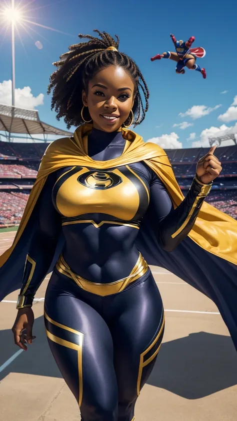 photorealistic, an African American group of women, superhero group, beautiful, spandex tights, cute pose for the camera, (Best quality, 8k, 32k, Masterpiece, UHD), 32K wallpaper, sport stadium background, super hero costume, cape, thick body figure, chubb...