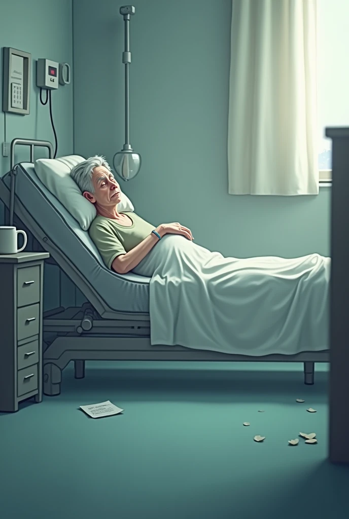 Animated image Elderly patient alone, sick man who falls out of a hospital bed