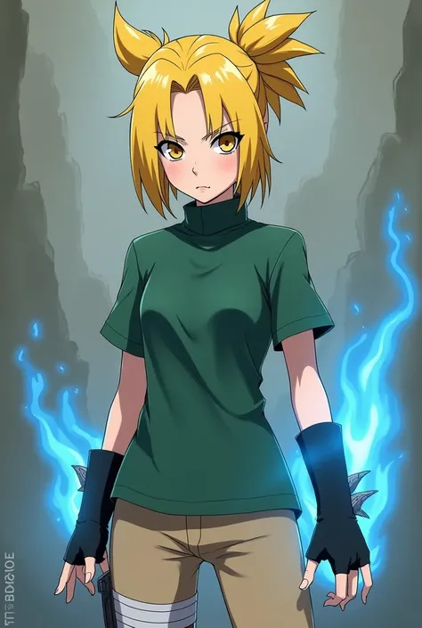 Make a Boruto oc that is a  blonde girl with kurama eyes, I have a matte green shirt and beige pants and fingerless gloves that have a dark blue aura around their body 