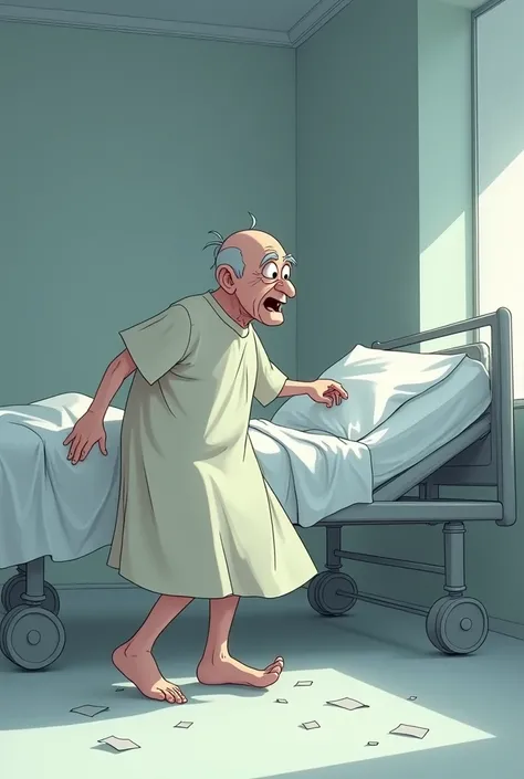 Animated image with prohibited Elderly patient alone, sick man who falls out of a hospital bed